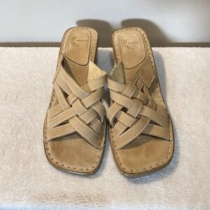 WHITE MOUNTAIN Camel Tan Leather 2" Block Heel Aruba Slides Sandals Womens Sz 8M